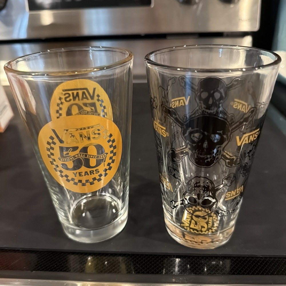 Two VANS Off The Wall 50th Anniversary Pint Glasses Tumblers Skulls Skater